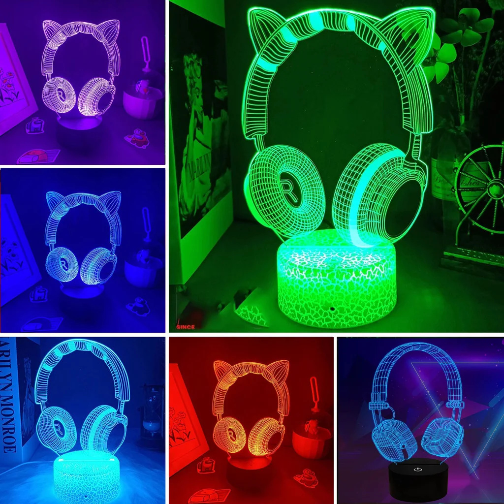 Desk Setup Headphones - 3D Illusion Night Light para Crianças,